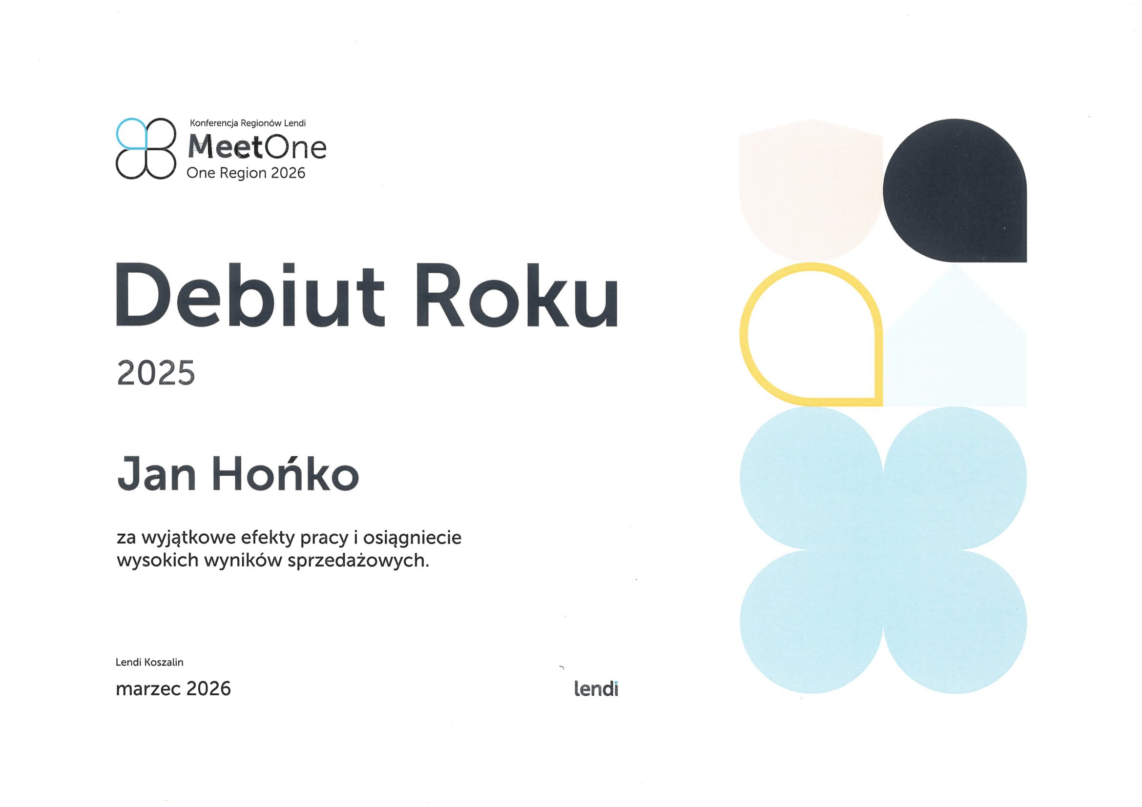 Certyfikat Debiut Roku 2025 - Jan Hońko